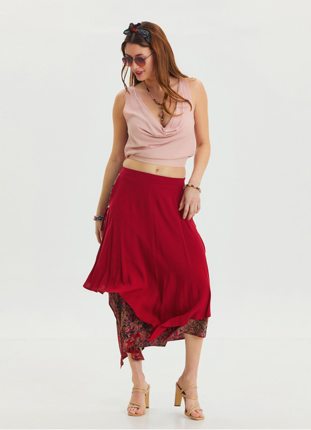 Red Asymmetrical Skirt with Elastic Waist and Tie Detail 4518